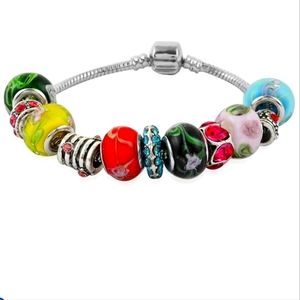 Multi Color Murano Style Charm Bracelet in Silvertone (7.50